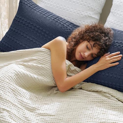 PHF Cotton Waffle Pillow Shams Standard Size 20" x 26", Indigo, No Insert