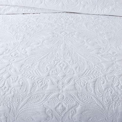 HoneiLife Oversized Queen Bedspreads 110x106- Queen Size Quilt Bedding Sets 3-Piece, Paisley Coverlets Lightweight Bedlinen Set for All Season Use-White