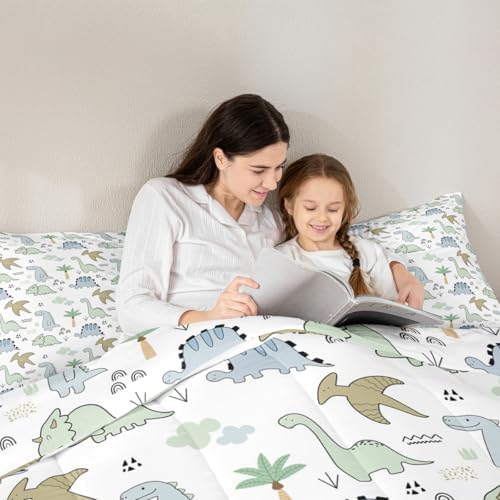 Cute Dinosaur Kids Comforter Set Queen Size,Cartoon Dino Wild Animals Super Soft Bedding Set for Adults Teens,Watercolor Sketching Hand Drawn Double Sides Print Down Comforter,2 Pillowcases