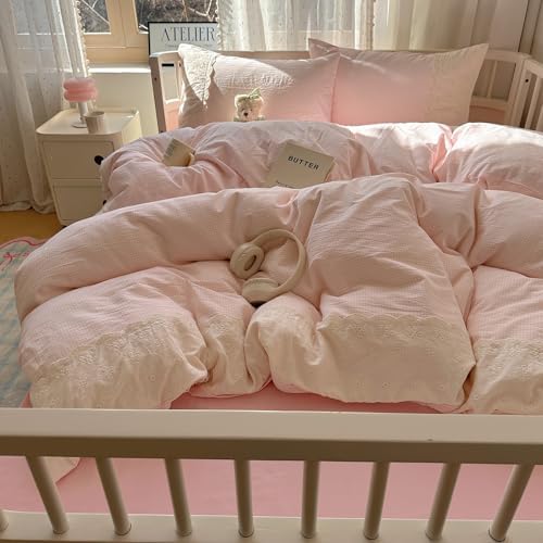 VM VOUGEMARKET Pink Plaid Duvet Cover with White Lace Twin XL Checkered Gingham Duvet Cover Set for Girl's College Dorm Soft Lightweight Cozy Bedding Set,68"x90"