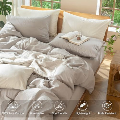 MooMee Duvet Cover Set 100% Washed Cotton Linen Like Queen