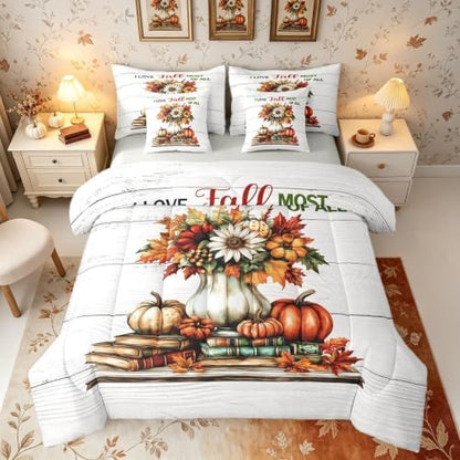 Erosebridal Rustic Farmhouse Bed in A Bag with Sheets for Kids Boys Girls Adults Fall Harvest Pumpkin Print Bedding Set Maple Leaf Book Print King Comforter Set 7 Piece Autumn Retro Bed Set