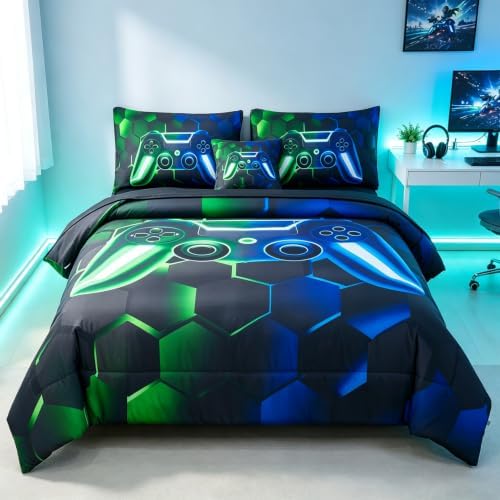 URBONUR 6Pcs Gaming Comforter Set Twin Size for Boys Girls Blue Green