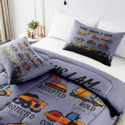 Boys Kids Construction Truck Comforter Set Twin Size,3 Piece Bed in a Bag Cars Excavators Tractor Bedding Set Construction Christian Spirational Comforter with 2 Pillowcases Gray