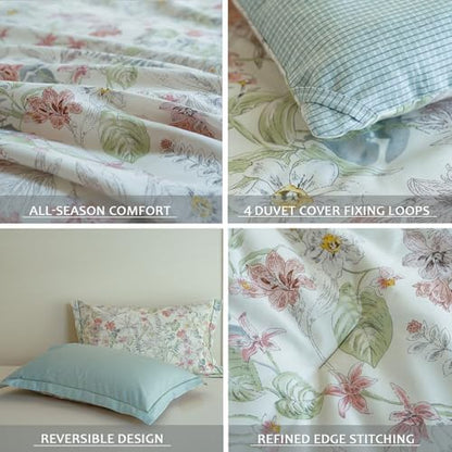 Comforter Queen Size - 100% Cotton Floral Reversible Comforter Set, Soft and Breathable Bedding Set for All Season, 3 Pieces, 90"x90"