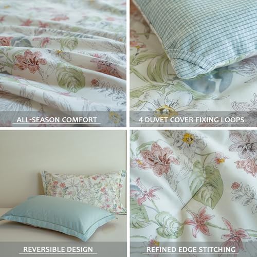 Comforter King Size - 100% Cotton Floral Reversible Comforter Set, Soft and Breathable Bedding Set for All Season, 3 Pieces, 104"x90"