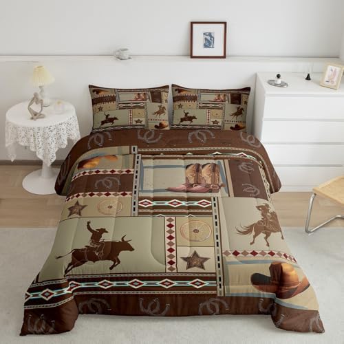 Manfei Western Comforter Set King Size, Cowboy Bedding Set 3pcs for Kids Boys Teens Bedroom Decor, West Horseshoe Boots Hats Wheels Quilt Set Rustic Farmhouse Duvet Set with 2 Pillowcases