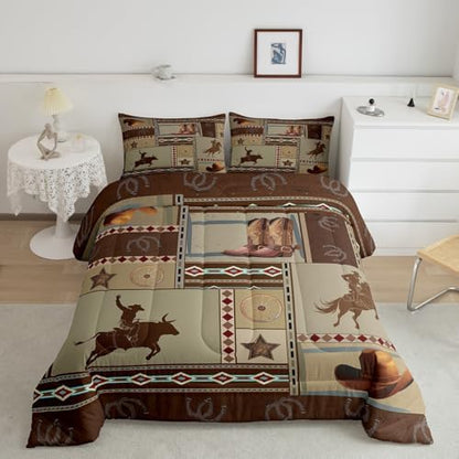 Manfei Western Comforter Set King Size, Cowboy Bedding Set 3pcs for Kids Boys Teens Bedroom Decor, West Horseshoe Boots Hats Wheels Quilt Set Rustic Farmhouse Duvet Set with 2 Pillowcases