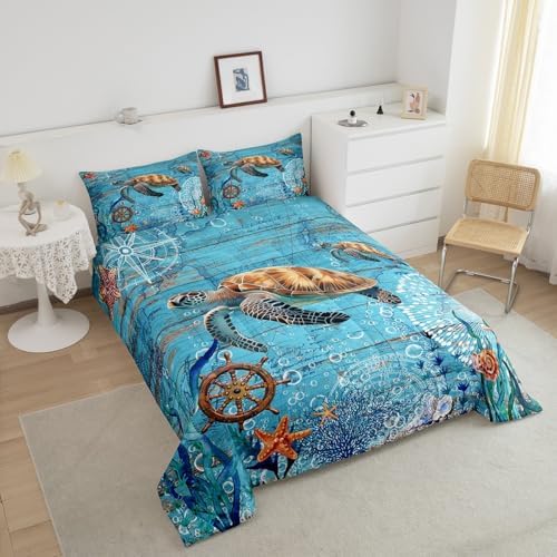 Sea Turtle Comforter Set Queen for Kids Boys Girls Sailing Route Room Decor Underwater World Bedding Comforter Aldults Bedroom Adventure Duvet Set 1 Comforter with 2 Pillow Cases,Lightweight Warm Soft