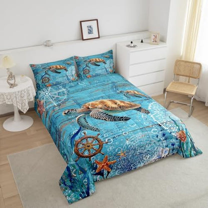 3D Sea Turtle Comforter Set for Teens Nautical Theme Bedding Set Anchor Compass Bedding Home Decor Kids Boys Comforter Twin Size 2 Pcs Ocean Marine Life Quilted Duvet Set 1 Comforter with 1 Pillowcase