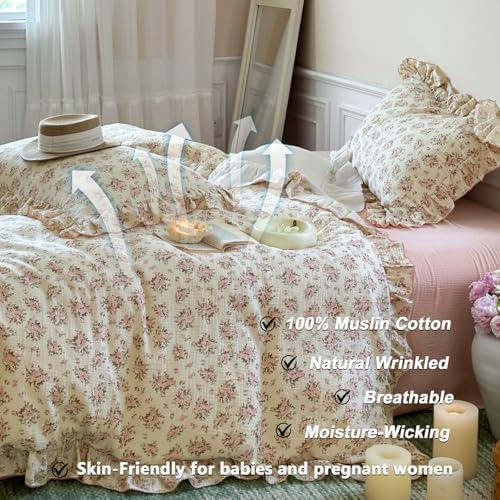 VM VOUGEMARKET Ruffle Duvet Cover Full Shabby Chic Pink Floral Bedding Set,Soft, Breathable Muslin Cotton Linen Like Gauze Comforter Cover with Zipper Closure