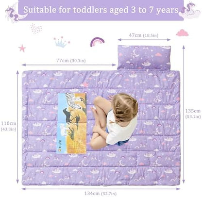 Toddler Nap Mat for Preschool 50''x30'' Sleeping Mat with Removable Pillow and Minky Blanket for Kids Ages 3-7 Roll Up Soft Sleeping Bag for Boys Girls Kindergarten Daycare Sleepover