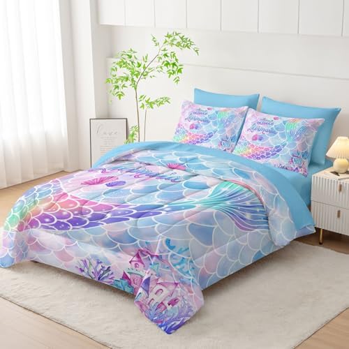 7Pcs Comforter Set Rainbow Mermaid Tail Printed Bedding Set with 1 Comforter, 1 Flat Sheet, 1 Fitted Sheet and 4 Pillowcases for Girls Bedroom All Season(Mermaid-3 Twin)