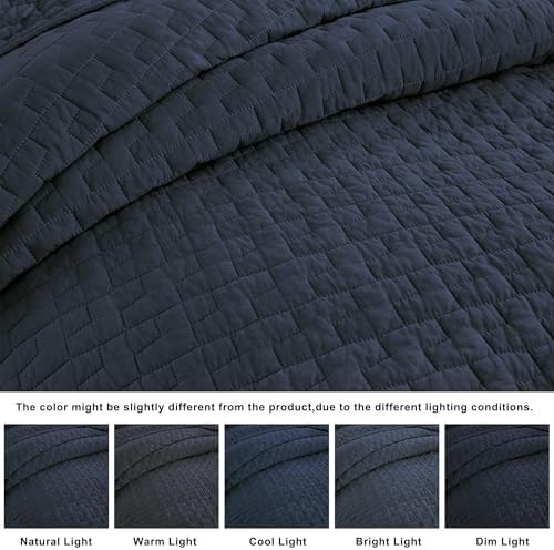 palassio Navy Blue 100% Cotton Quilt King Size Bedding Sets with 2 Pillow Shams, Textured Lightweight Soft Bedspread Shabby Chic Coverlet, Quilted Comforter Bed Cover for All Season, 3 Pieces