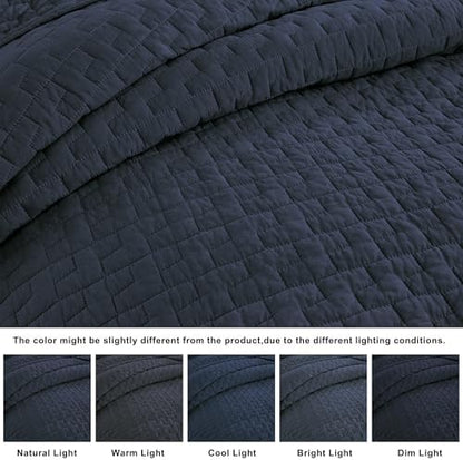palassio Navy Blue 100% Cotton Quilt King Size Bedding Sets with 2 Pillow Shams, Textured Lightweight Soft Bedspread Shabby Chic Coverlet, Quilted Comforter Bed Cover for All Season, 3 Pieces