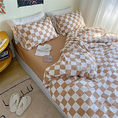 Wellboo Light Brown Plaid Comforter Sets King Women Men Cream Coffee and White Checkerboard Grid Bedding Comforters Cotton Boys Girls Modern Light Taupe Checkered Geometric Quilts Luxury Abstract Bed