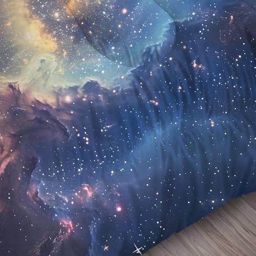 Galaxy Comforter Set Twin Size Space Bedding for Kids Girls Boys Starry Sky Cloud Glitter Stars Moon Bedroom Decor Quilt Bed Sets, 1 Comforter 1 Pillowcase