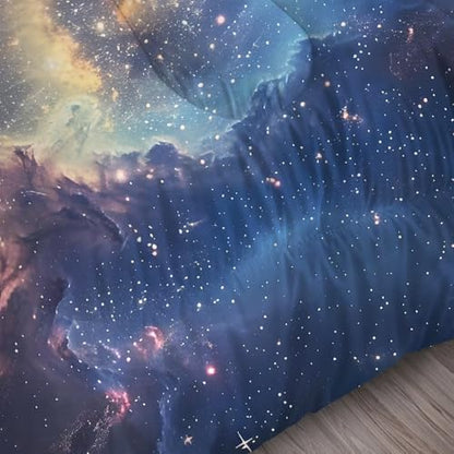 Galaxy Comforter Set Twin Size Space Bedding for Kids Girls Boys Starry Sky Cloud Glitter Stars Moon Bedroom Decor Quilt Bed Sets, 1 Comforter 1 Pillowcase