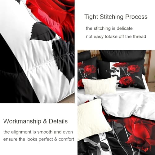 CCoutueChen Red Black Comforter Set Queen Striped Rose Floral Bedding