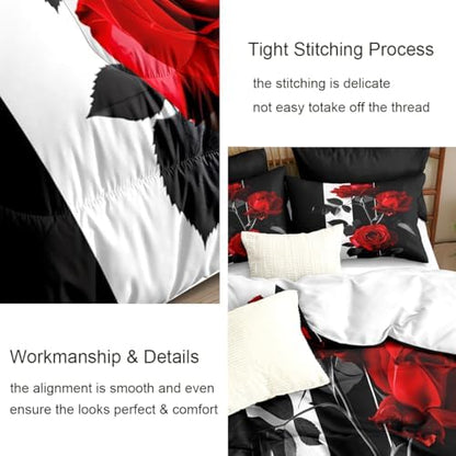 CCoutueChen Red Black Comforter Set Queen Striped Rose Floral Bedding