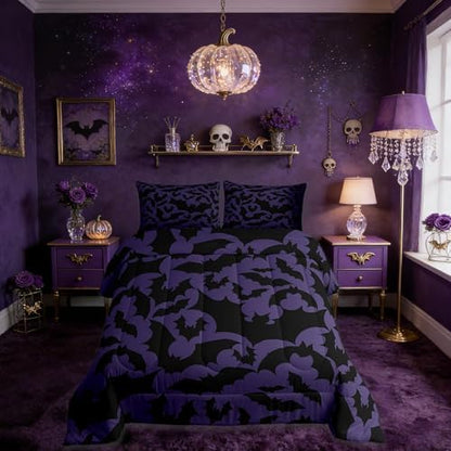 Castle Fairy Halloween Themed Comforter Set Twin Size,Black Bats Animal Print Quilt Set for Kids Boys Bedroom Collection,Dark Purple Color Polyester Bedding with 1 Pillowcase,2Pcs