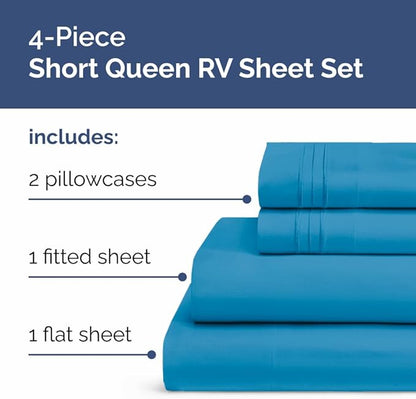 Short Queen Size 4 Piece Sheet Set - RV Short Queen, Soft, Breathable & Cooling Bed Sheets Set w/ Deep Pockets - Hotel Luxury Bedding for Women, Men, Kids, Teens, Boys & Girls - Oeko-Tex - Denim Blue