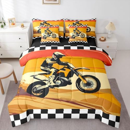 Feelyou Orange Motocross Rider Comforter Set Full 7 Pieces Desert Dirt Bike Bedding Set Sunset Track Design Bed in a Bag Checkered Flag Room Decor Off-Road Motorcycle Quilted Breathable Soft