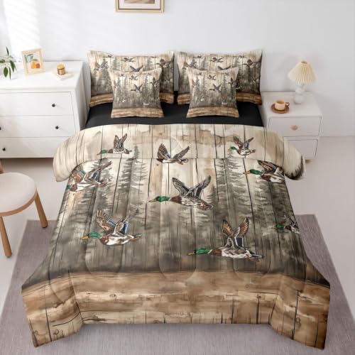 Erosebridal Mallard Duck Bed in A Bag 7 Pcs Rustic Farmhouse Cabin Comforter Set for Kids Teens Woodland Hunting Duck Bedding Sets Queen Vintage Natural Forest Sheet Set with Comforter