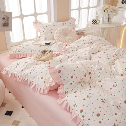 LifeTB Kawaii Pink Strawberry Duvet Cover Queen 100% Cotton Girls Princess Lace Duvet Cover Cute Strawberry Bedding Set Romantic Ruffle Comforter Cover Kids Kawaii Bedding Cover with 2 Pillowcases