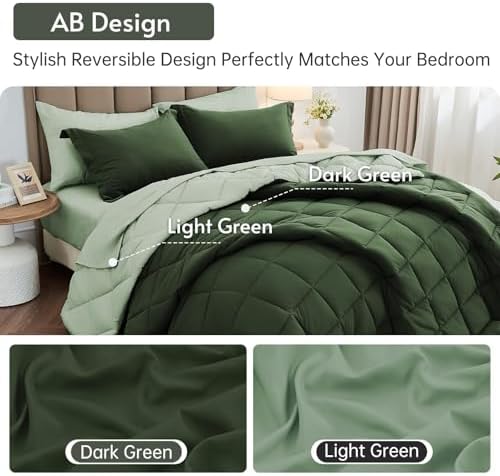 MUXHOMO 7 Pieces King Comforter Set, Reversible Bed in a Bag King Size, All Season Bedding Set with Comforter, Flat Sheet, Fitted Sheet, Pillowcases & Shams, Dark Green & Light Green
