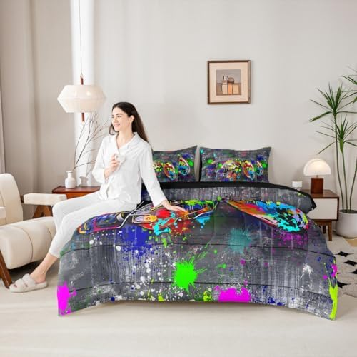 Erosebridal Graffiti Rugby Ball Full Bedding Set - Colorful Rugby Helmet Bed in A Bag,Sports Comforter Sets with Sheets, Football Game 7 Pieces Bed Set Bedroom Decor