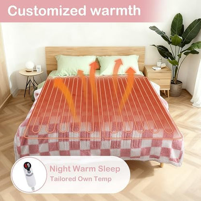 Electric Heated Blanket Full Size 72"×84" with 9 Heating Levels & 1-10Hs Auto Off, Checkered Plaid Double Sided Sherpa, Energy Efficient, Machine Washable, for Couch & Bed, Gifts for Women- Light Pink