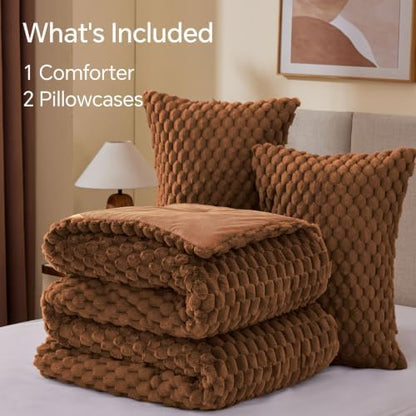 BEDELITE Fluffy Queen Comforter Set, Terracotta Fleece Bed Set 3 Pieces