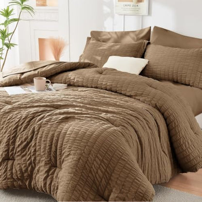 HYMOKEGE Brown Twin XL Comforter Set Seersucker 5 Pieces, All Season Luxury Bed in a Bag for Bedroom, Bedding Set with Comforter, Sheets, Pillowcase & Sham
