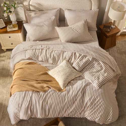 Litanika California King Comforter Set 7 Pieces Tan White Striped