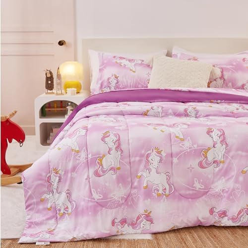 Yibeizi Unicorn Kids Comforter Set for Girls Full Lavender Bedding