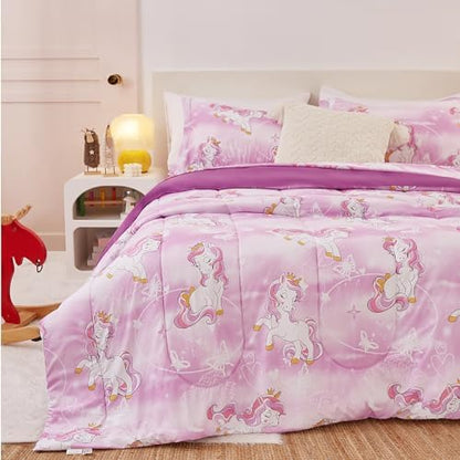 Yibeizi Unicorn Kids Comforter Set for Girls Full Lavender Bedding