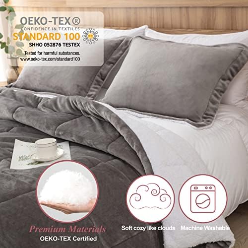 Seward Park Grey Sherpa Comforter Set King Size, Soft Fall Winter All Season Down Alternative Bedding Sets 3 Piece (1 Comforter and 2 Pillow Shams)