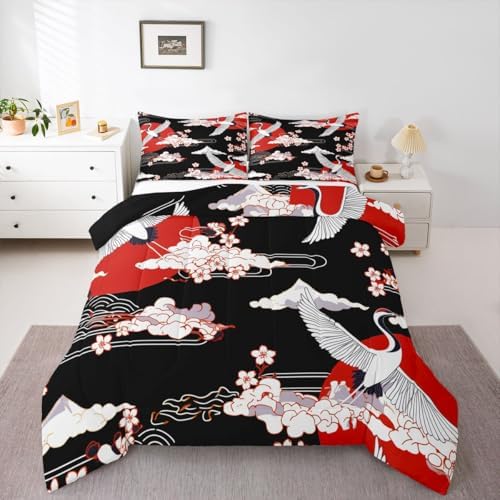 Japanese-Style Comforter Set King Size Pink Cherry Blossoms Bedding for Boys Girls Women Soft Microfiber 3 Pieces Quilted Duvet Ukiyoe Theme Down Comforter Japanese Traditional Pattern Quilt