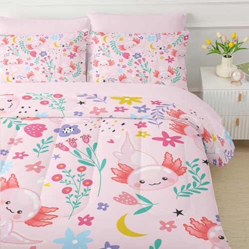 QOOMO Axolotl 7 Pieces Comforter Set Queen Size,Pink Axolotl Bedding Set