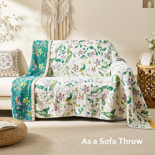 VANJOROY King Boho Throw Blanket, 100% Organic Cotton Breathable Skin-Friendly Ultra Soft 91" x 98" Bed Quilt Throw - Floral Rustic Decor Luxury Reversible Blanket for Sofa Couch Chair and Gift