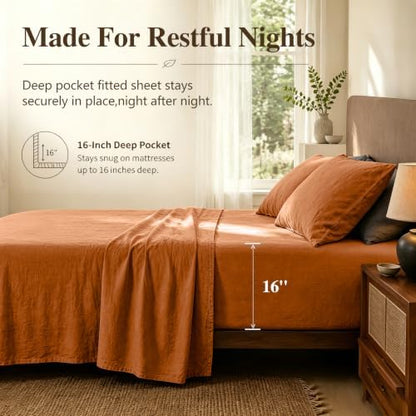 MEISHANG 100% French Linen Sheets California King,4 Pcs,16" Deep Pocket