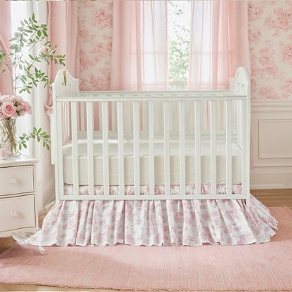 Brandream French Country Toile Cotton Crib Skirt Toddler Bedskirt Dust Ruffle Baby Nursery Crib Bed Skirt Boho Bohemian Vintage Pink Floral Print Farmhouse Chic Ruffles Skirt
