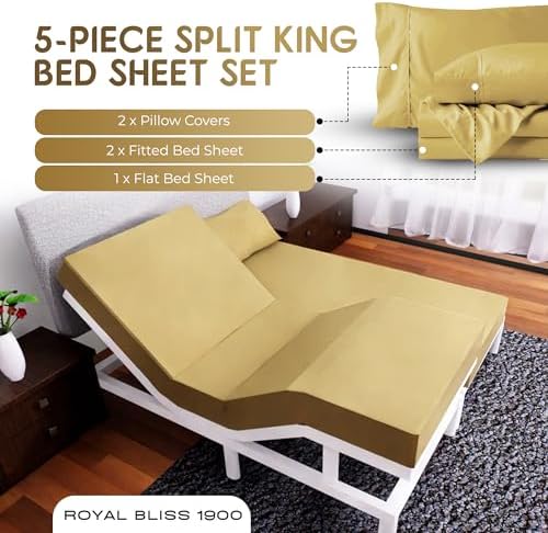 Split King Sheets Set with 2 Twin XL Fitted Sheet - 5 Piece Bedding - Wrinkle Free, Fade Resistant, Double Brushed Microfiber - Deep Pockets/Easy Fit (Gold)