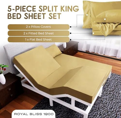 Split King Sheets Set with 2 Twin XL Fitted Sheet - 5 Piece Bedding - Wrinkle Free, Fade Resistant, Double Brushed Microfiber - Deep Pockets/Easy Fit (Gold)