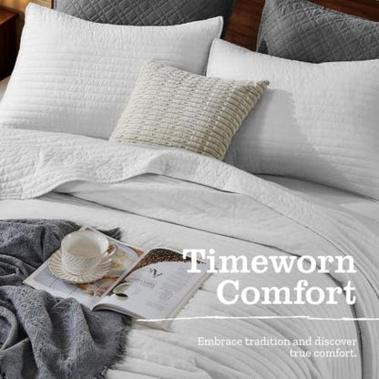 DOWN HOME Twin Quilt Bedding Set with Sham, Vintage Washed Soft Quilted Blanket Thin Comforter Lightweight Bedspread Coverlet Bed Cover, Brushed Microfiber Stripe Stitching, Snow White, 66"x92"