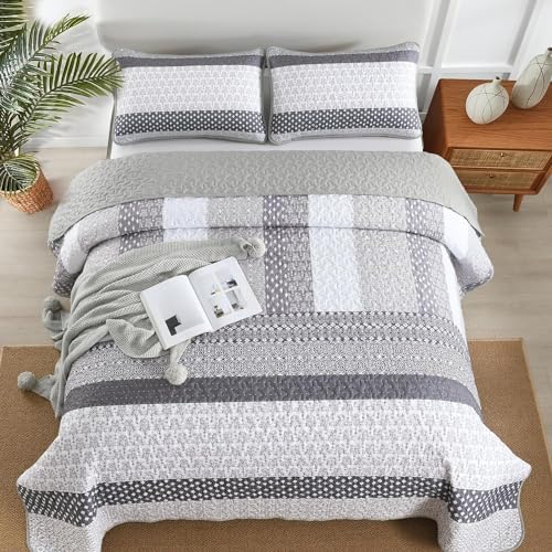 WONGS BEDDING Grey Full Size Quilt Set, Bohemian Striped Bedspreads