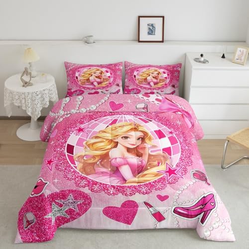 Castle Princess Kids Comforter Set Twin Size,High-heeled Shoes Lip Bowknot Fashion Bedding Set,Girls Women Room Decor,Glitter Stars Sequins Down Comforter,Pink Romantic Duvet Insert,1 Pillowcase