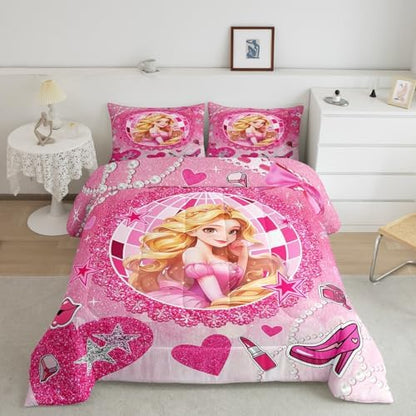 Castle Princess Kids Comforter Set Twin Size,High-heeled Shoes Lip Bowknot Fashion Bedding Set,Girls Women Room Decor,Glitter Stars Sequins Down Comforter,Pink Romantic Duvet Insert,1 Pillowcase