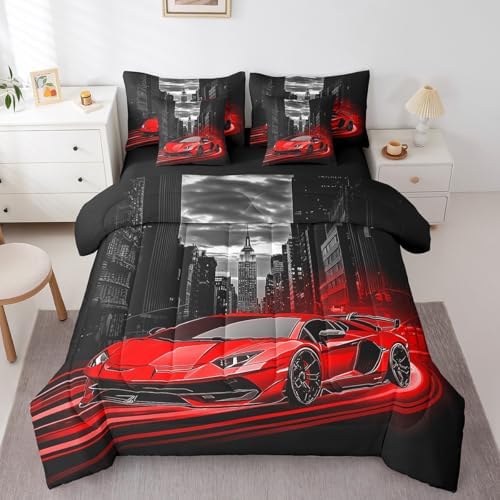 Feelyou Red Race Car Comforter Set with Sheets Twin Size Kids Speed Sports Car 7 Pieces Bedding Set for Boys Girls Teens Racing Car Bed in a Bag Extreme Sports Street Bed Set Gothic Modern City